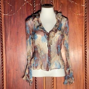 NWOT Cache Turquoise Brown Button V-Neck Blouse 10